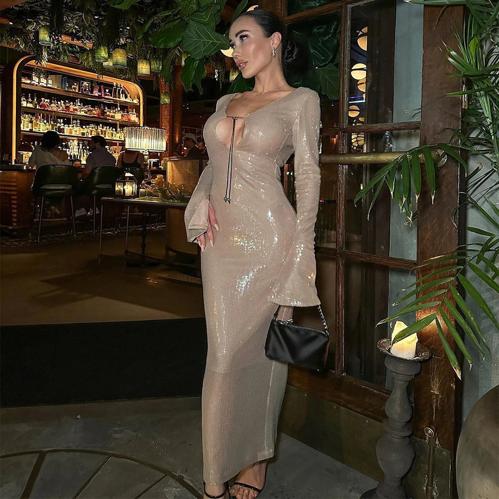 V-neck Long Sleeve Backless Midi Party Dress