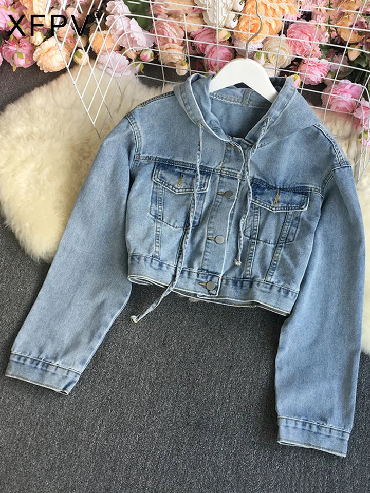 Vintage Casual Solid Color Drawstring Denim Jacket