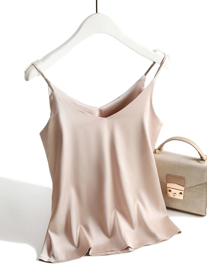 Women’s V-Neck Satin Silk Halter Cami Spaghetti Strap Top