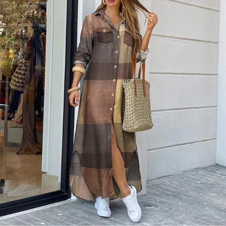 Elegant Long Sleeve Plaid Robe Maxi Shirt Dress