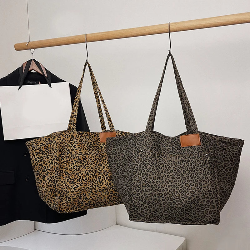 Oversized Leopard Print Canvas Shoulder Bag