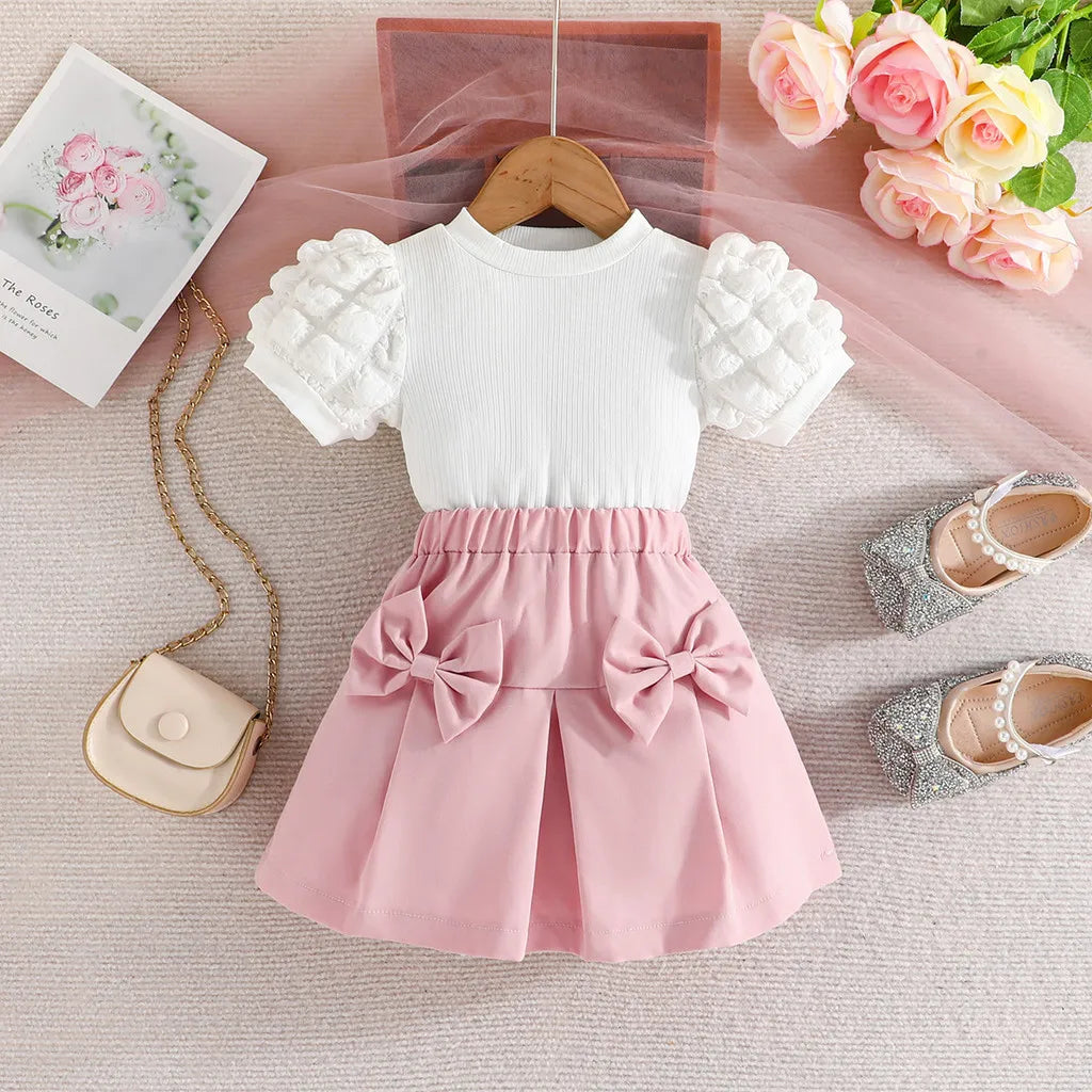 Girls Puff Sleeve Blouse and Elastic Skirt Summer Clothing Set