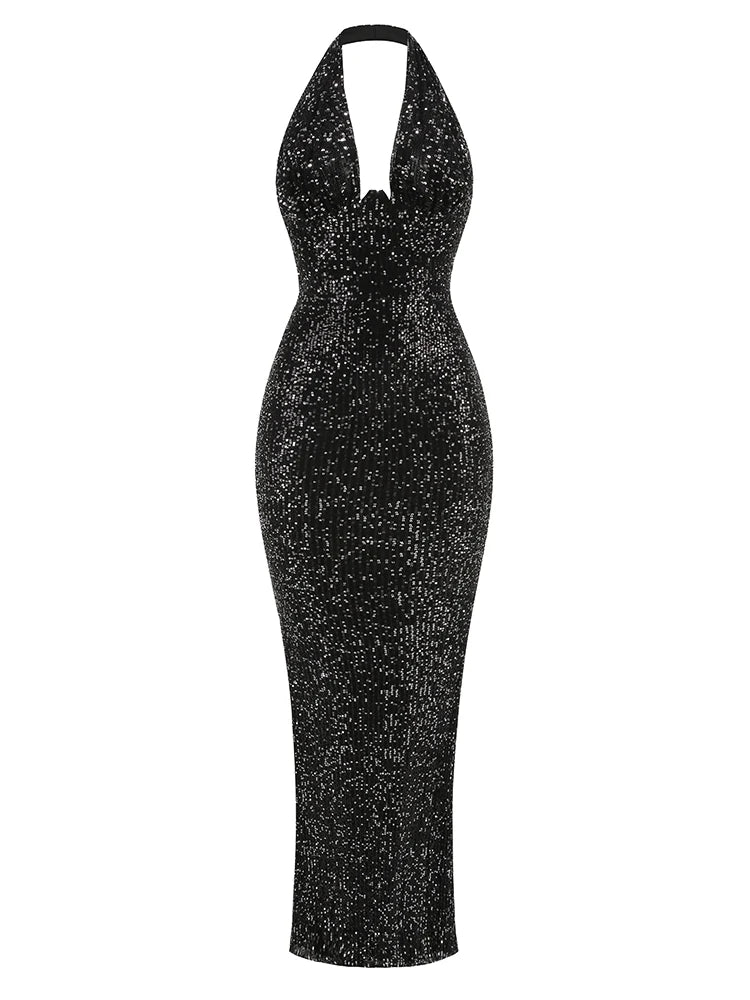 Sexy Green Halter Deep V Neck Sequined Maxi Party Dress