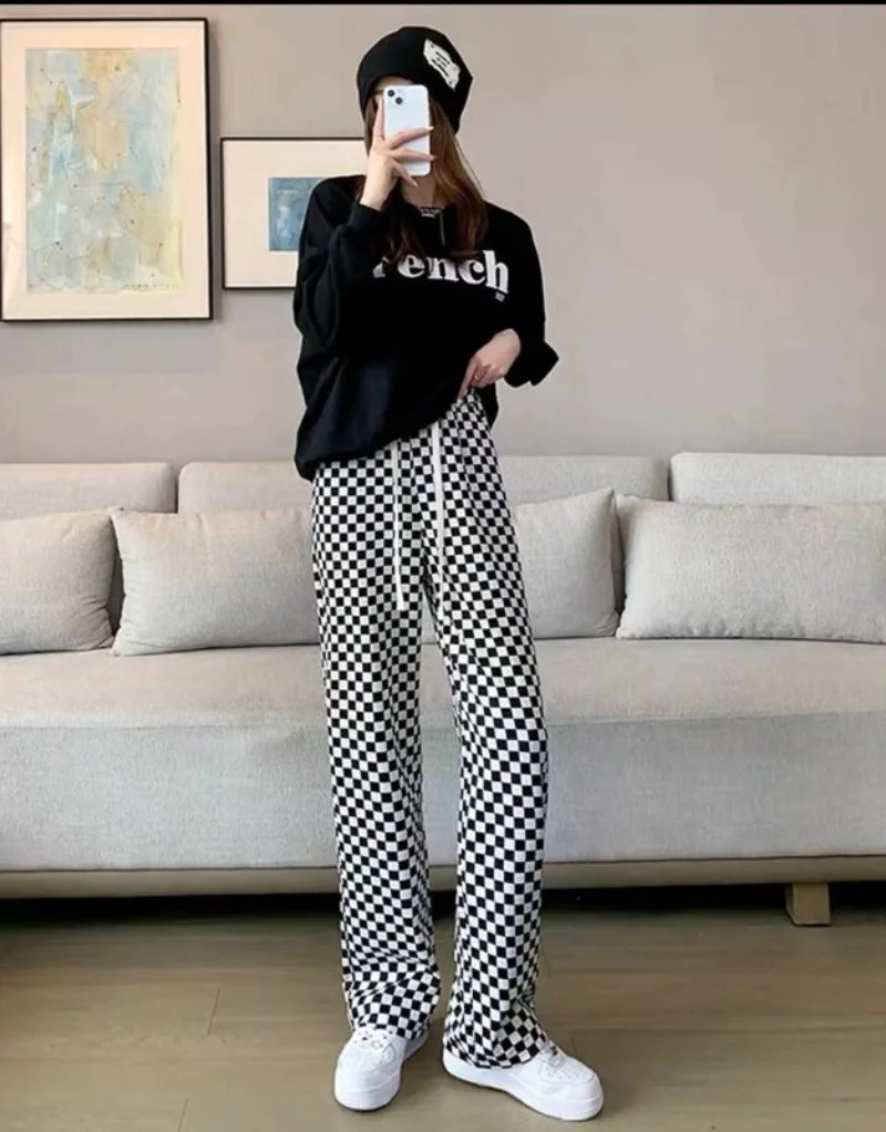 Plaid Loose Trousers High Waist Elastic Baggy Casual Pants