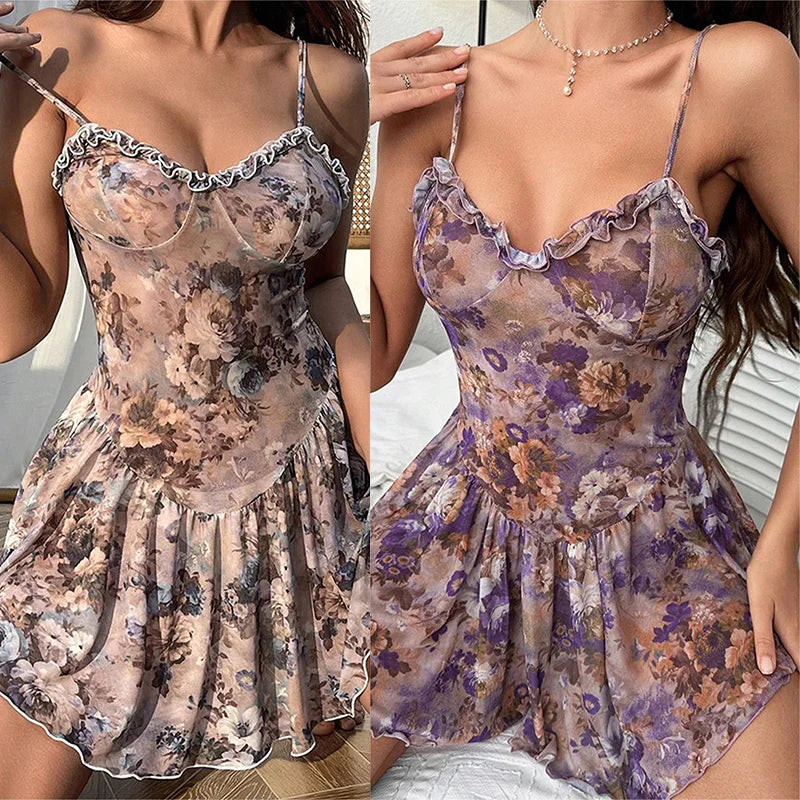 Babydoll Floral Pleated Camisole Skirt Nightgown Sexy Lingerie