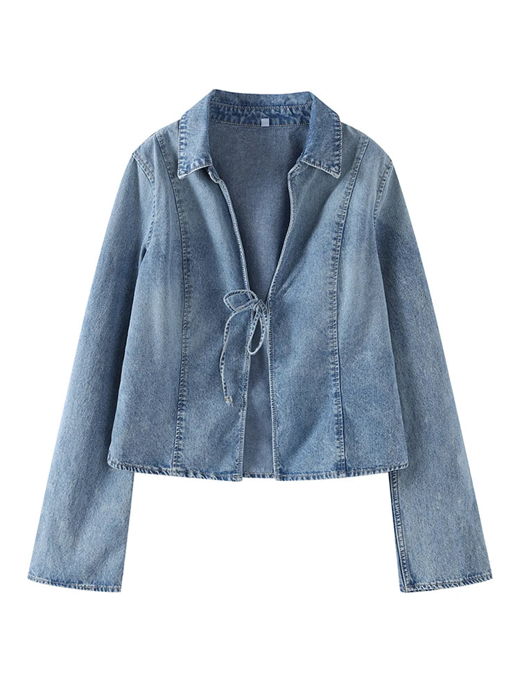 V-Neck Denim Cardigan Lace Up Slim Fit Casual Women Jacket