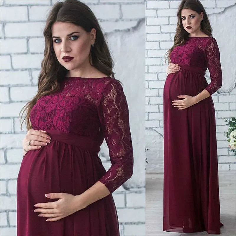 Elegant Long-Sleeve Lace Maternity Maxi Dress