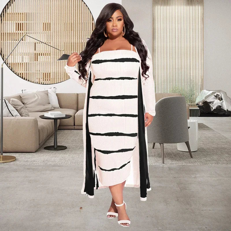 Striped Rib Knit Plus Size Strapless Bodycon Dress Set