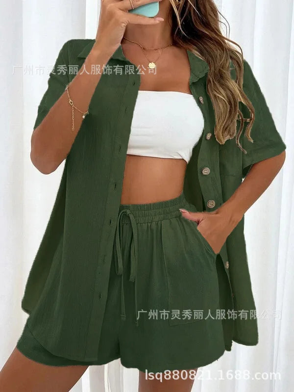 Ladies Casual Summer Suit Loose Shirt Shorts Two-Piece Set