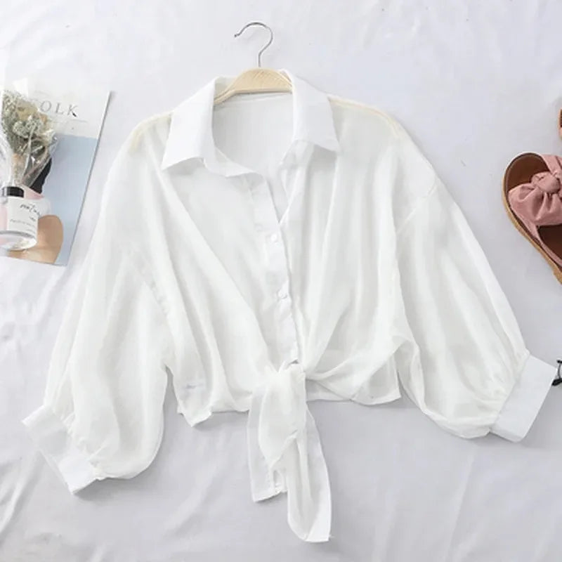 Elegant Loose Hollow White Chiffon Blouse