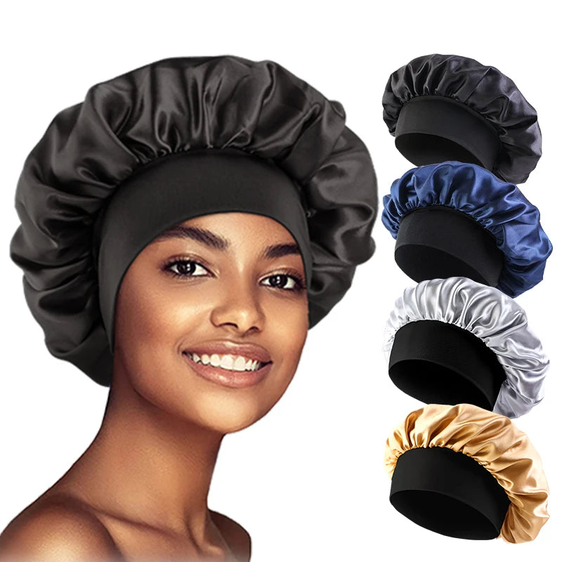 Satin Wide-Brimmed Bonnet Unisex Hair Care Elastic Band