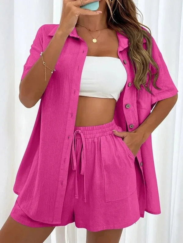 Ladies Casual Summer Suit Loose Shirt Shorts Two-Piece Set