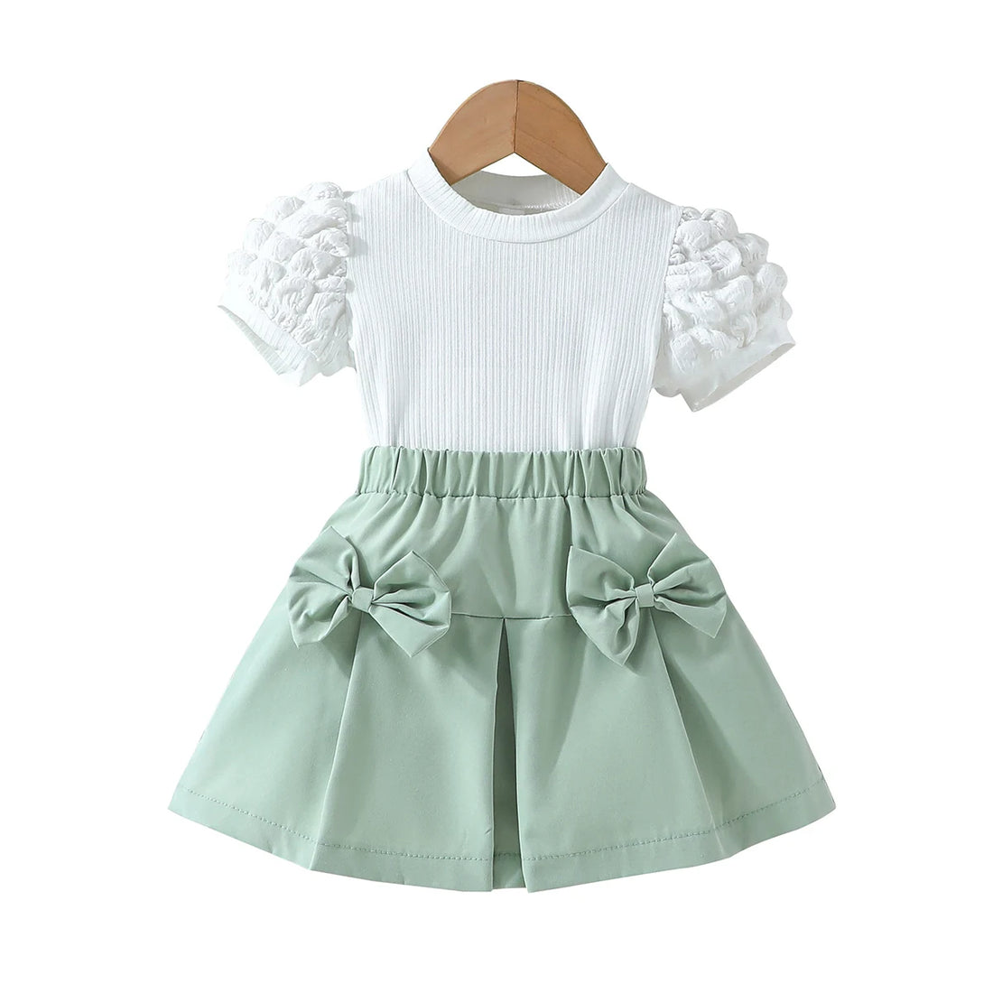 Girls Puff Sleeve Blouse and Elastic Skirt Summer Clothing Set