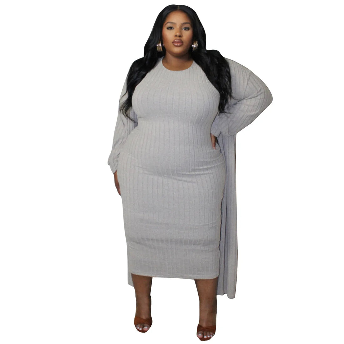 Plus Size Ribbed Cardigan and Dress