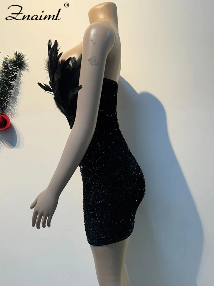 Luxury Black Bodycon Sequin Feather Dress