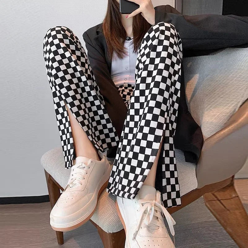 Plaid Loose Trousers High Waist Elastic Baggy Casual Pants