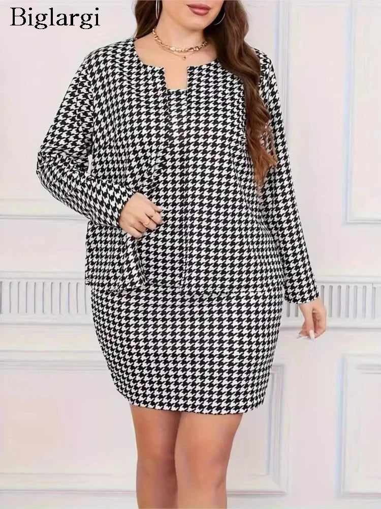 Plus Size Houndstooth Plaid Two-Piece Cropped Coat Set