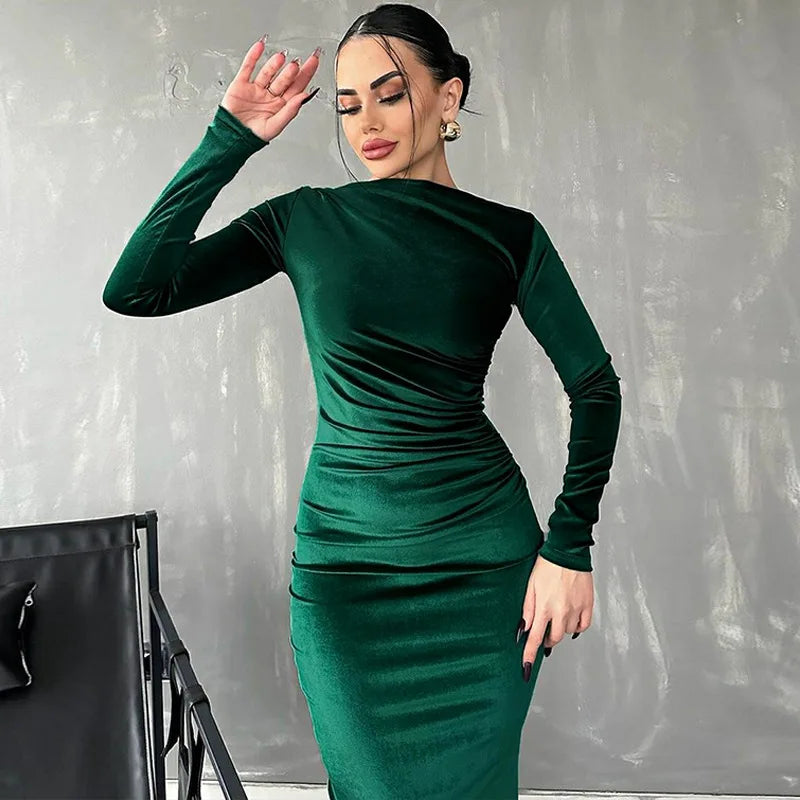 Spring Summer Velvet Long Sleeve Ruched Midi Dress