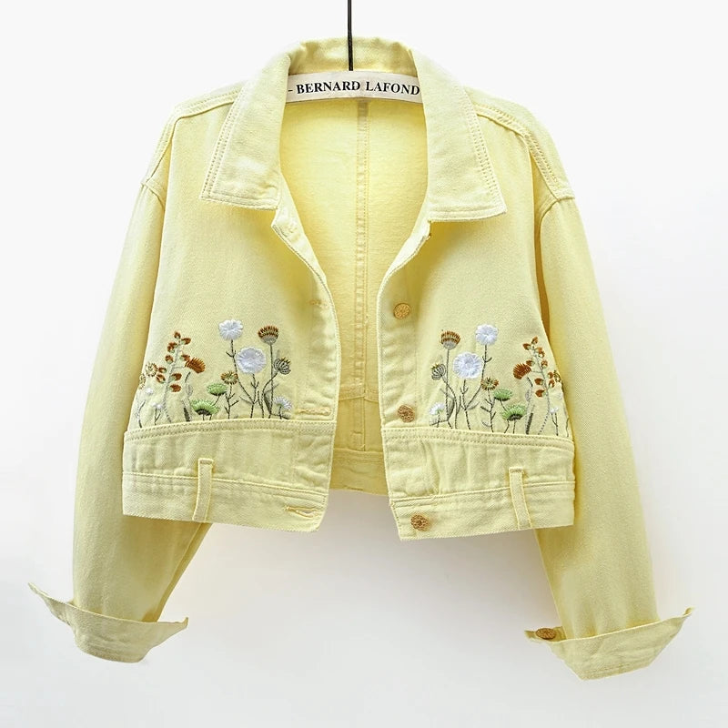 Chic Floral Embroidery Crop Denim Jacket