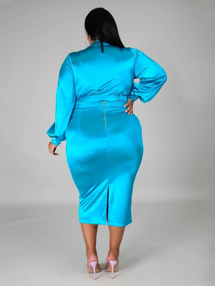 Plus Size Women’s Satin Long Sleeve Bodysuit Two-Piece Set