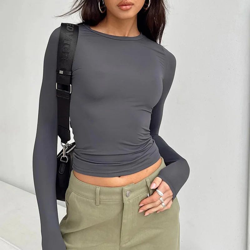 Casual Long Sleeve Slim Fit Solid Pullover T-shirt