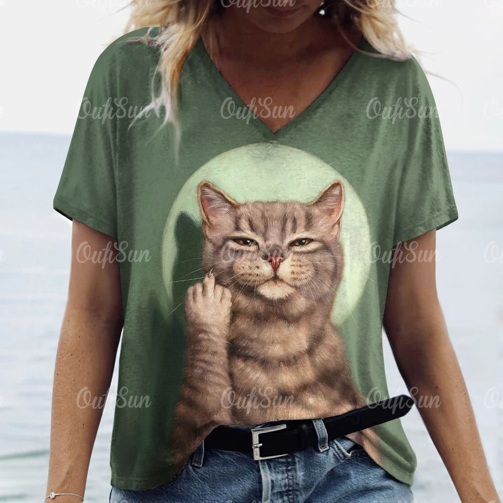 Oversized Cat Print Crew Neck Casual T-Shirt