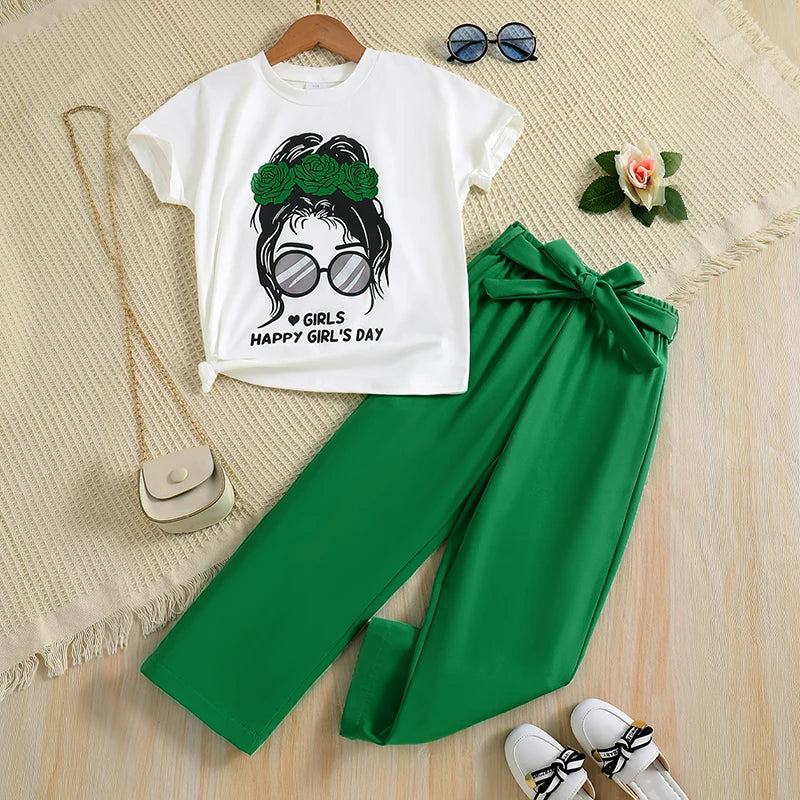 2pcs Girl Cartoon Print Knit Top