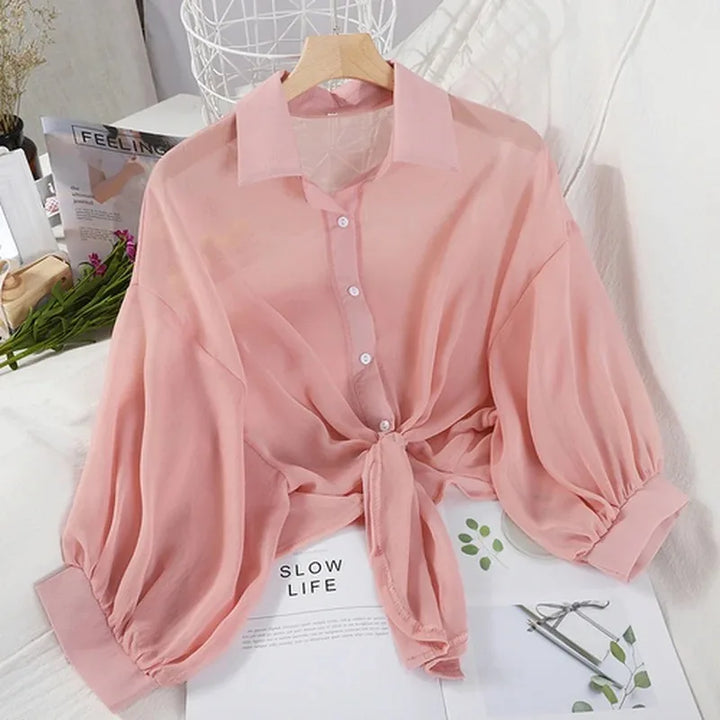 Elegant Loose Hollow White Chiffon Blouse