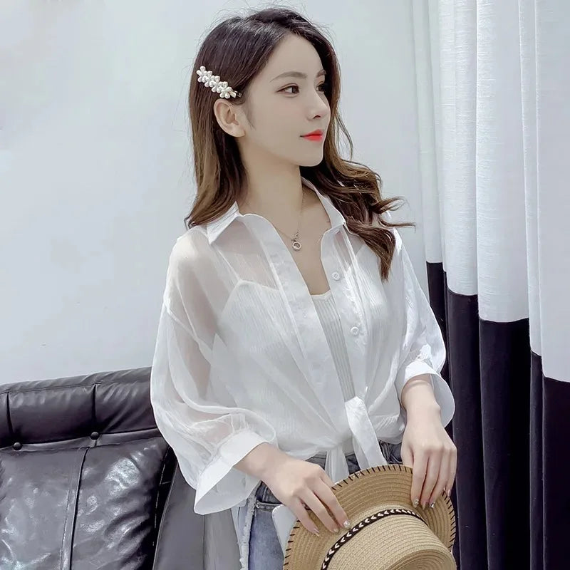 Elegant Loose Hollow White Chiffon Blouse