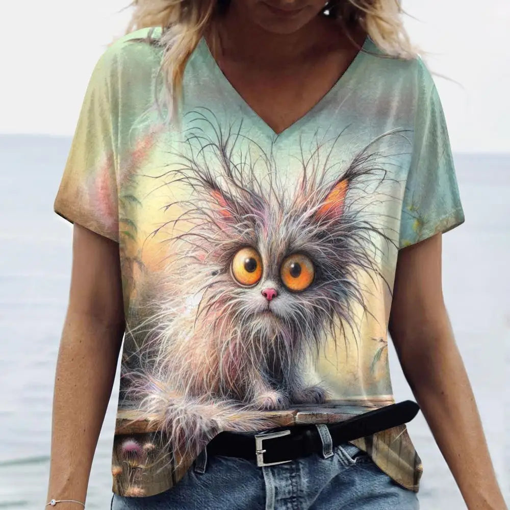 Oversized Cat Print Crew Neck Casual T-Shirt