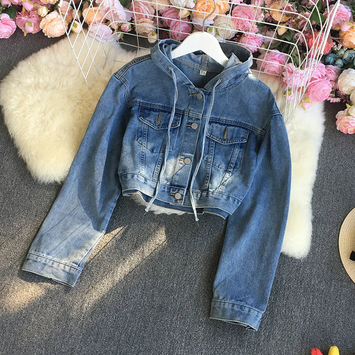 Vintage Casual Solid Color Drawstring Denim Jacket