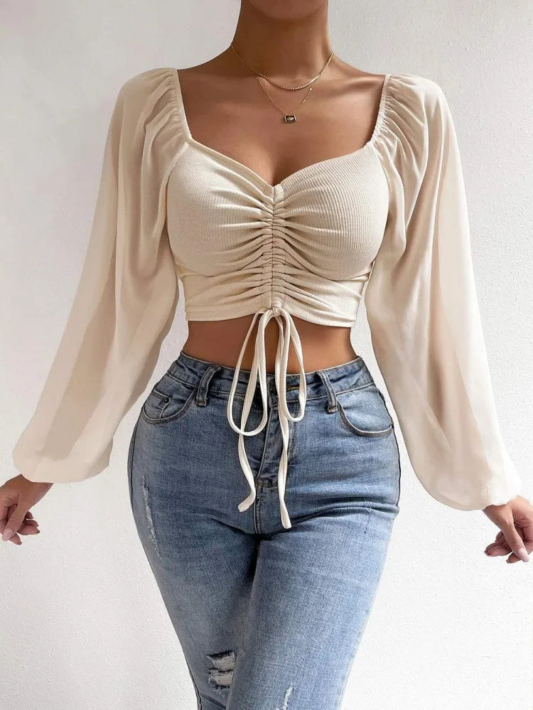 Sweetheart Neck Ruched Lantern Sleeve Crop Top