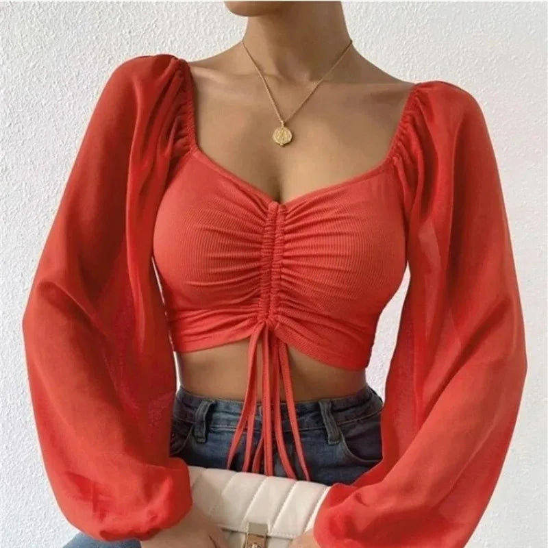 Sexy Mesh Lantern Sleeve Drawstring Wrap Midriff T-Shirt