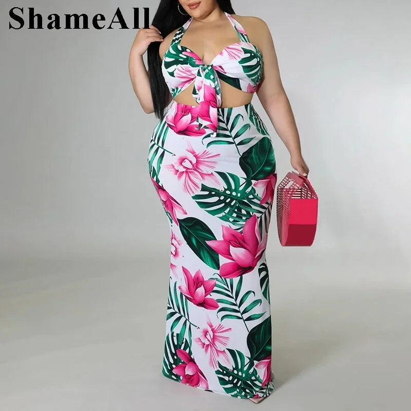 Plus Size Floral Two-Piece Halter Crop Top Maxi Set