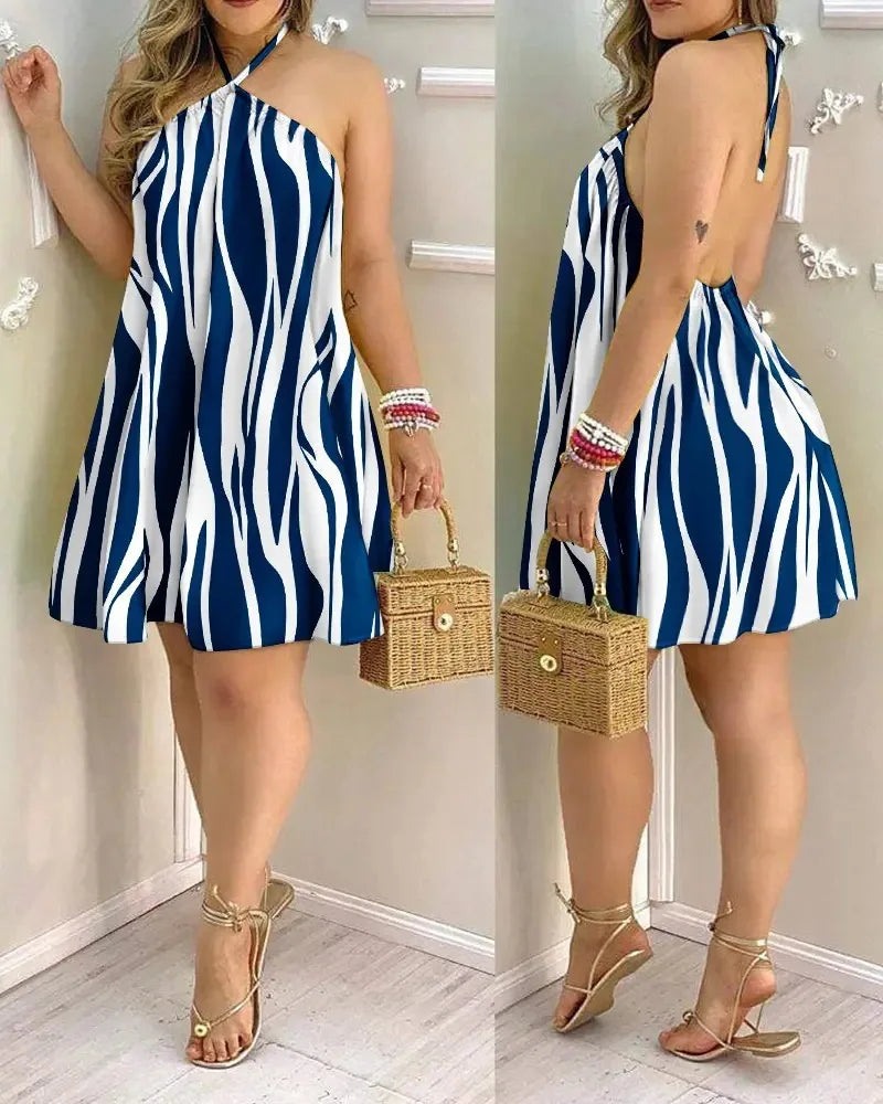 Tropical Print Halter Neck Backless Dress