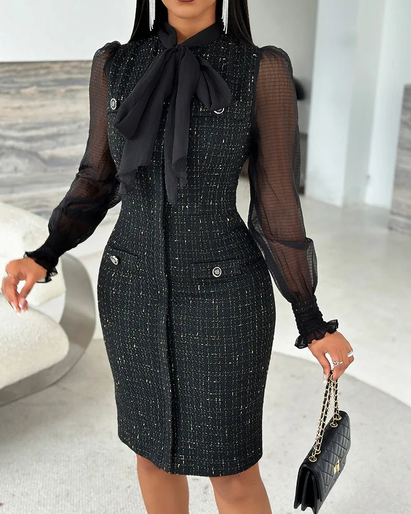 Tie Neck Mesh Patch Long Sleeve Midi Dress