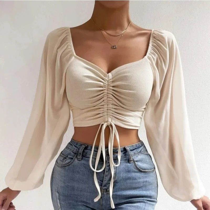 Sexy Mesh Lantern Sleeve Drawstring Wrap Midriff T-Shirt