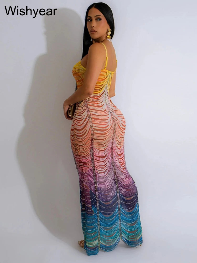 Gradient Rhinestone Tie Dye Halter Mermaid Dress