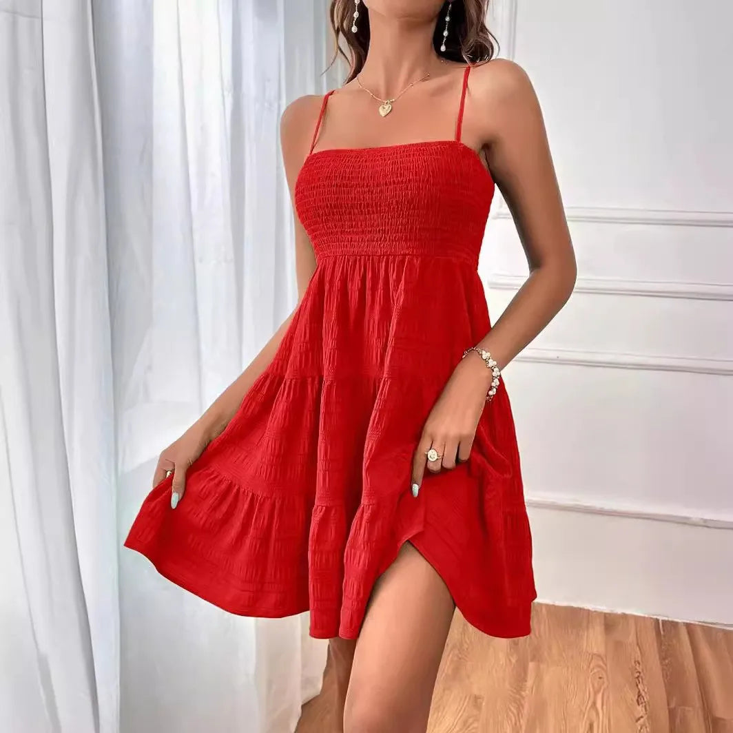 Summer Solid Color Thin Strap One-Line Neckline Versatile Dress