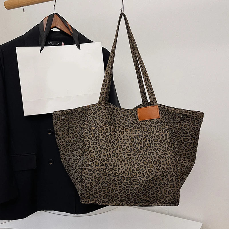 Oversized Leopard Print Canvas Shoulder Bag