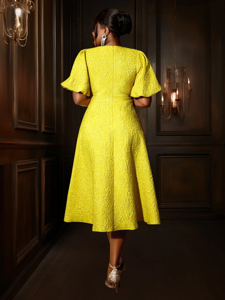 Yellow Jacquard A-Line Midi Dress