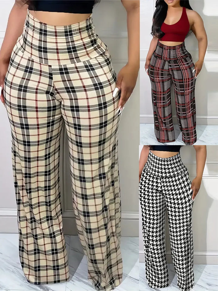 Plaid Wide-Leg High Waist Women’s Casual Trousers