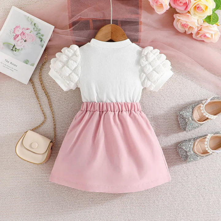 Girls Puff Sleeve Blouse and Elastic Skirt Summer Clothing Set