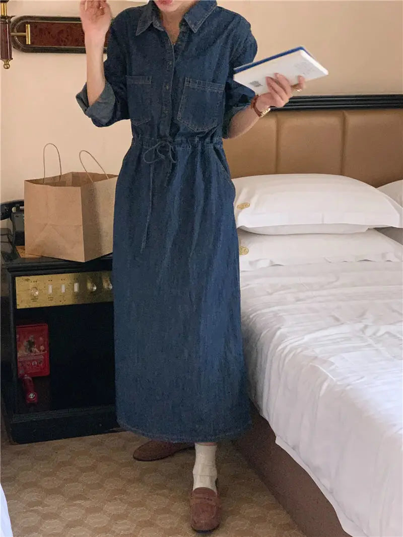 Women Retro Vintage Blue Long Shirt Dress