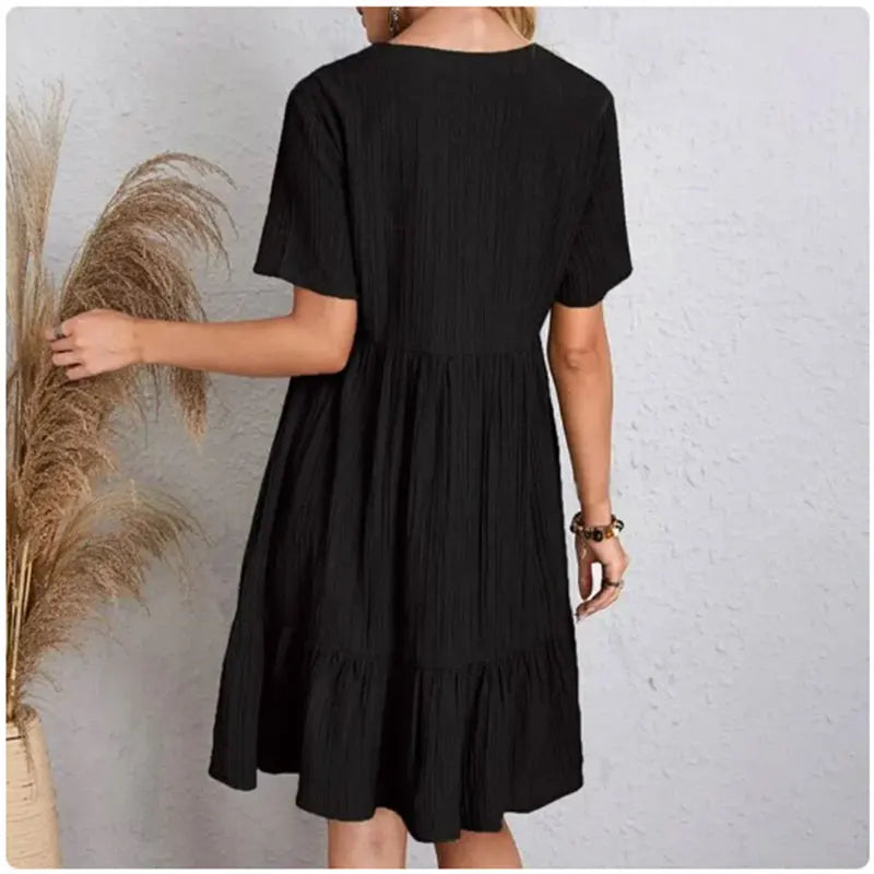 V-Neck Short Sleeve Loose Waist Ruffle Dress