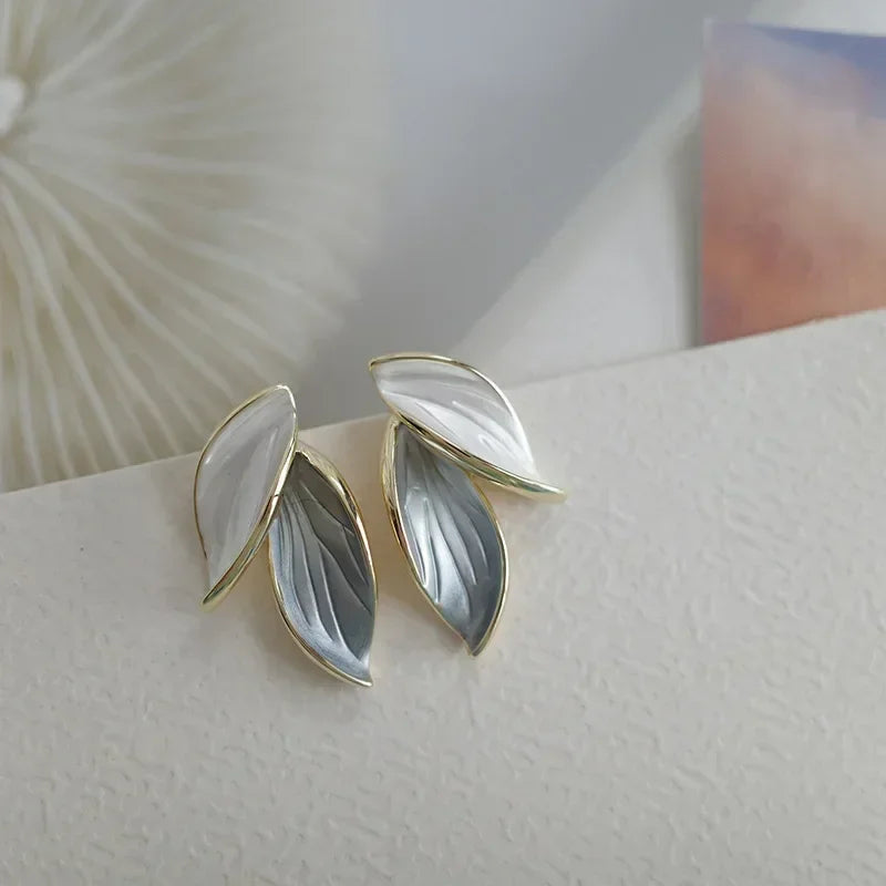 Trendy Sweet Grey Leaf Stud Earrings for Women