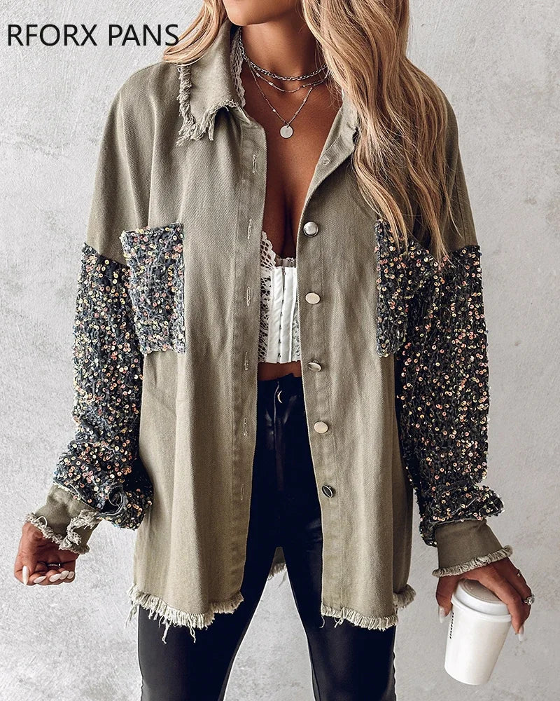 Women’s Denim Contrast Sequin Raw Hem Jacket