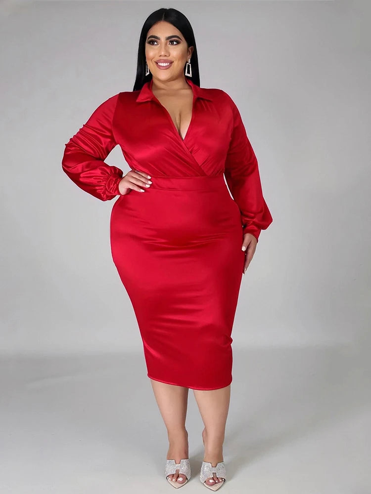 Plus Size Women’s Satin Long Sleeve Bodysuit Two-Piece Set