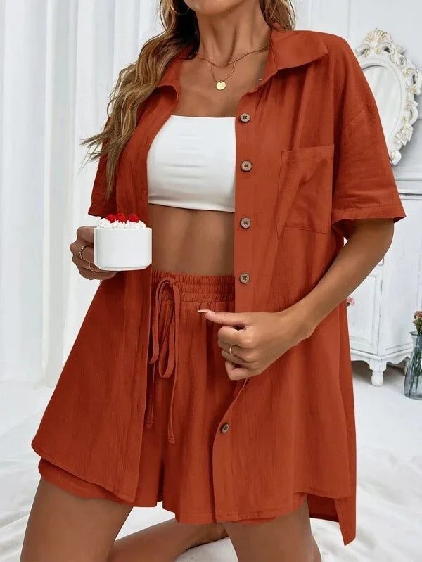 Ladies Casual Summer Suit Loose Shirt Shorts Two-Piece Set