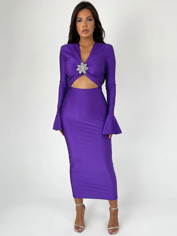 Elegant Hollow Out V-neck Long Sleeve Bodycon Maxi Dress